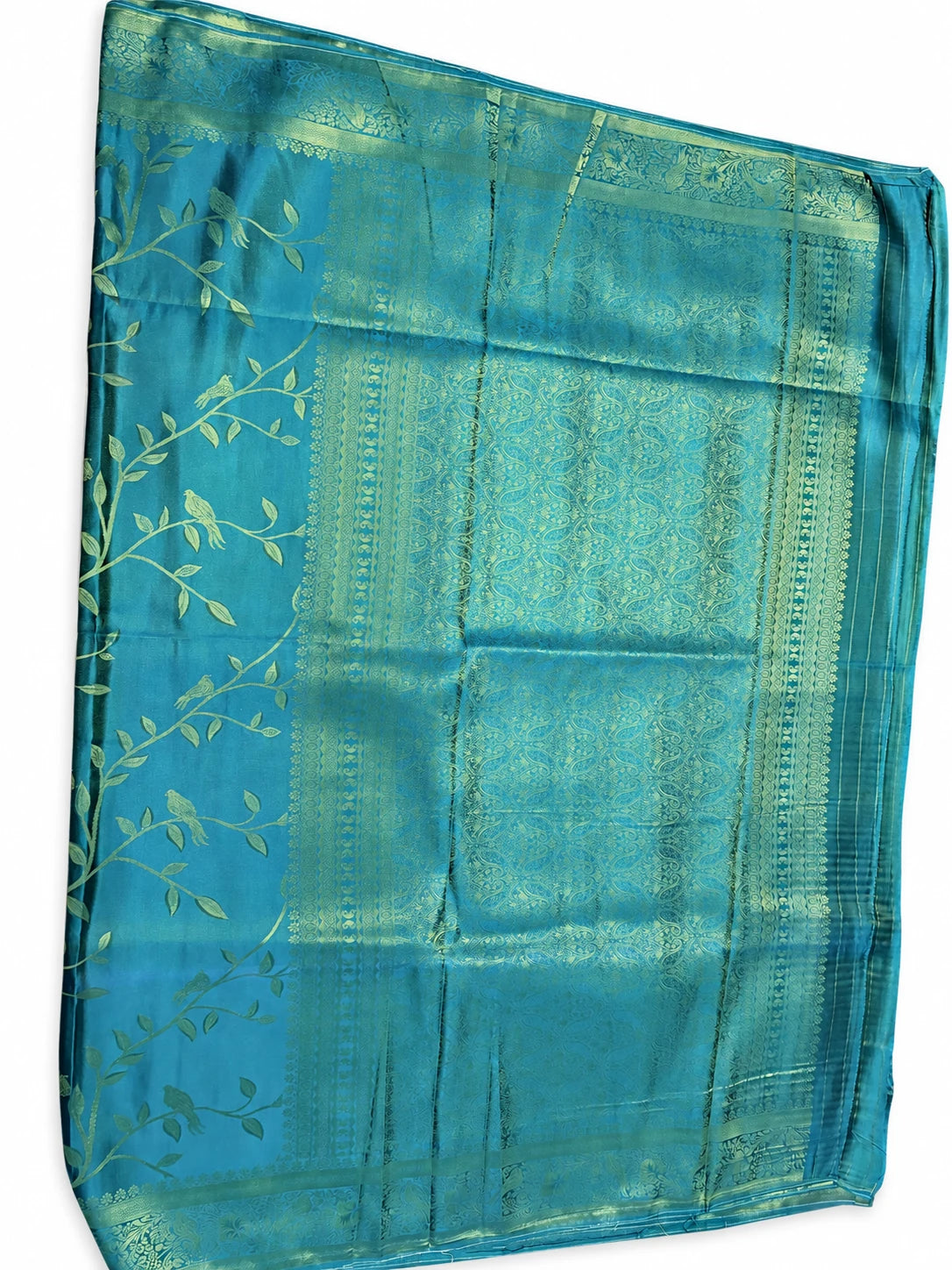 Anamika — Teal Gold Leaf Vine Saree, retouched garment view 2 on a clean background