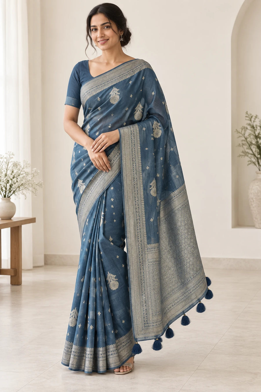Anjali — Denim Blue Silver Motif Saree