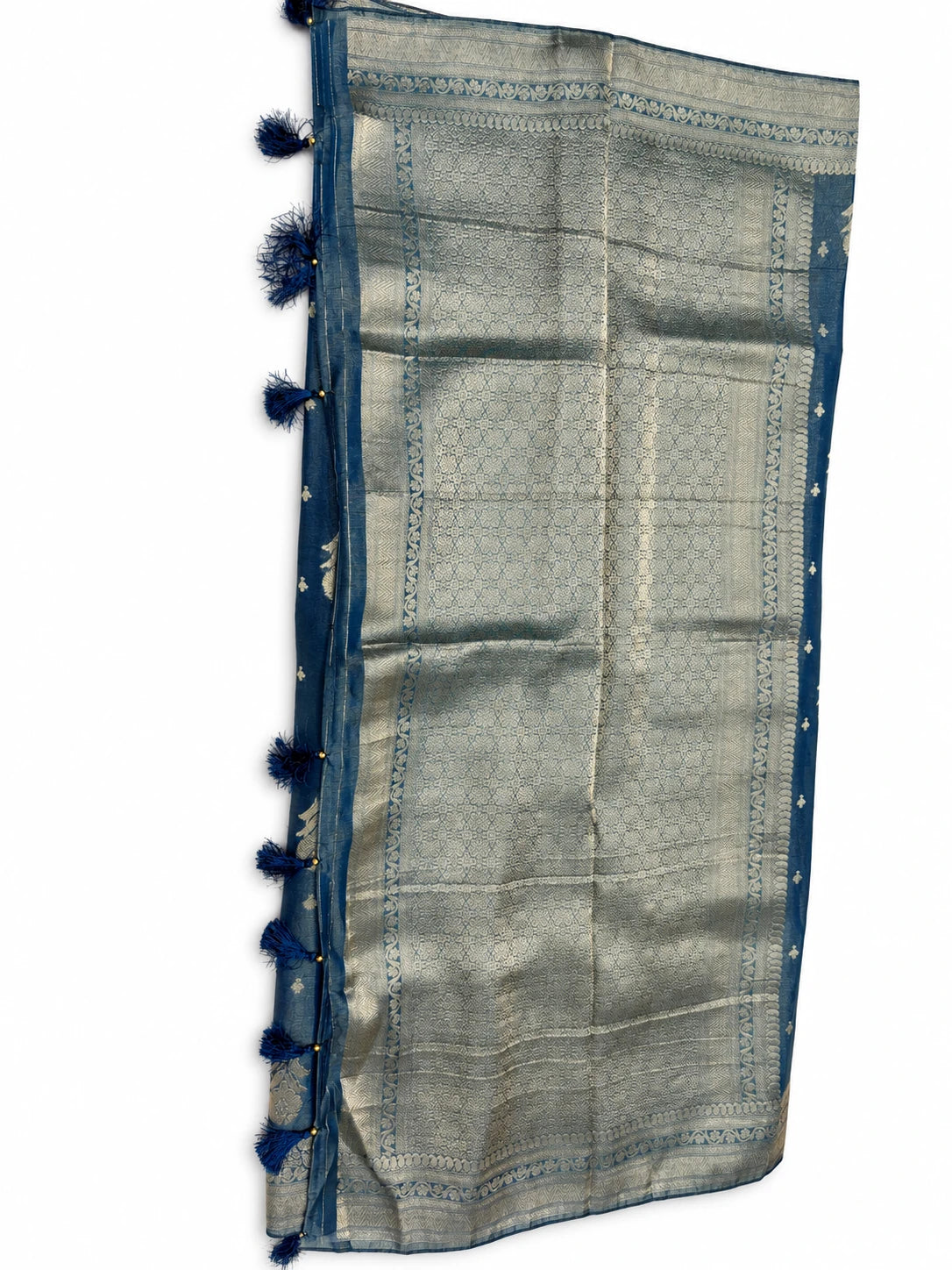 Anjali — Denim Blue Silver Motif Saree, retouched garment view 2 on a clean background