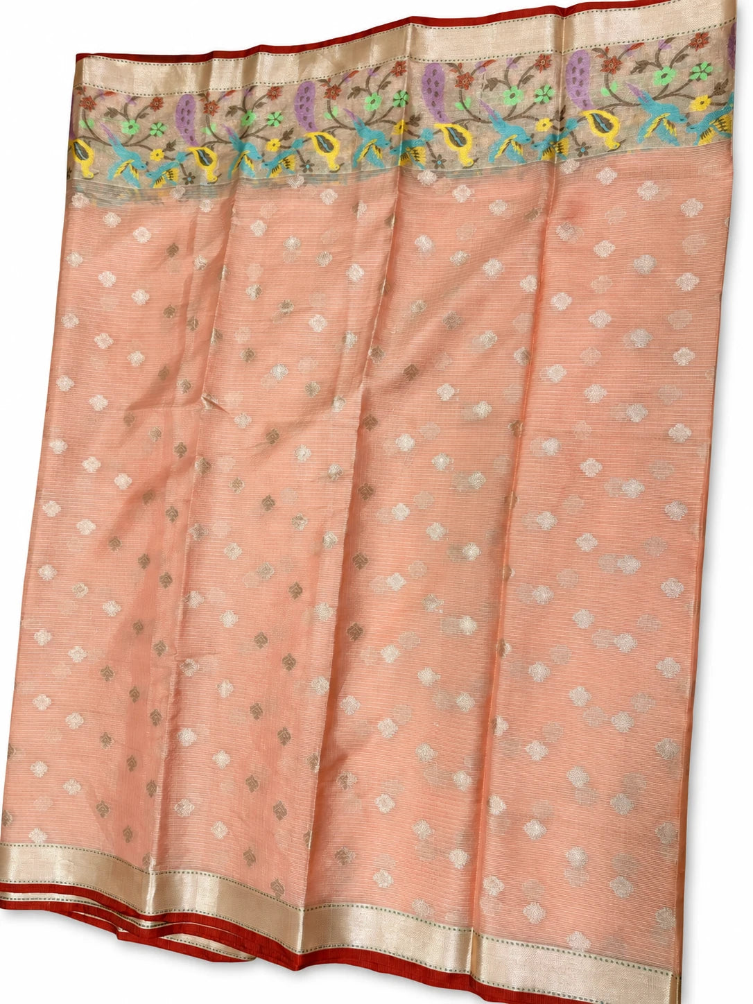 Chandana — Peach Floral Gold Border Saree, retouched garment view 1 on a clean background