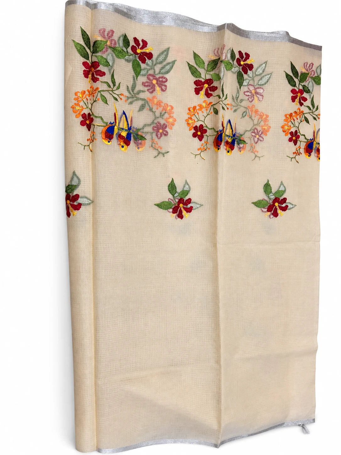 Deepika — Ivory Bird Garden Saree, retouched garment view 1 on a clean background