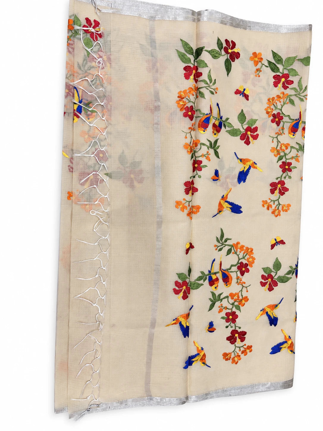 Deepika — Ivory Bird Garden Saree, retouched garment view 2 on a clean background
