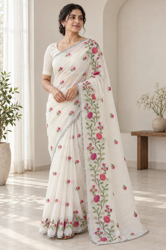Gayatri — Ivory Rose Vine Saree, model-worn styling photograph