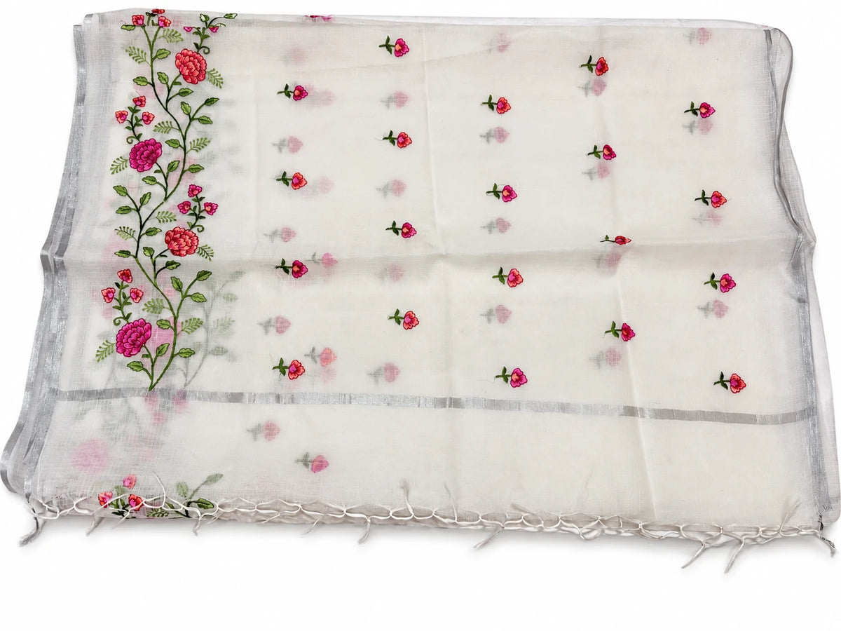 Gayatri — Ivory Rose Vine Saree, retouched garment view 1 on a clean background