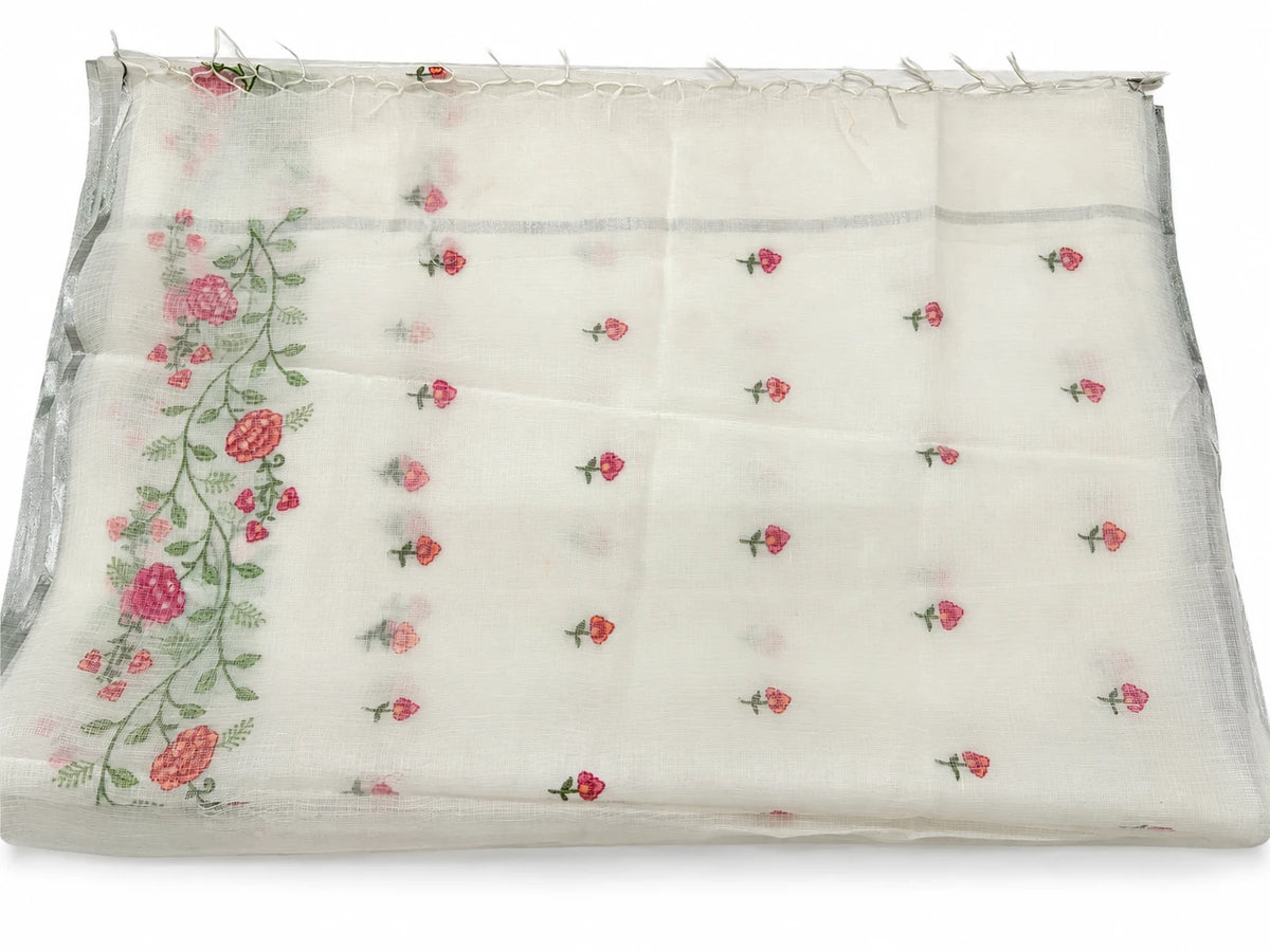 Gayatri — Ivory Rose Vine Saree, retouched garment view 2 on a clean background