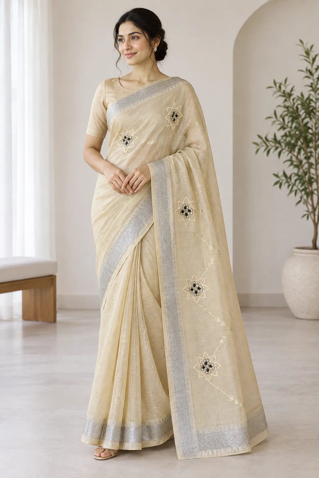 Hemalatha — Champagne Floral Sprig Saree, model-worn styling photograph
