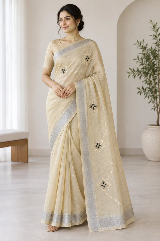 Hemalatha — Champagne Floral Sprig Saree, model-worn styling photograph