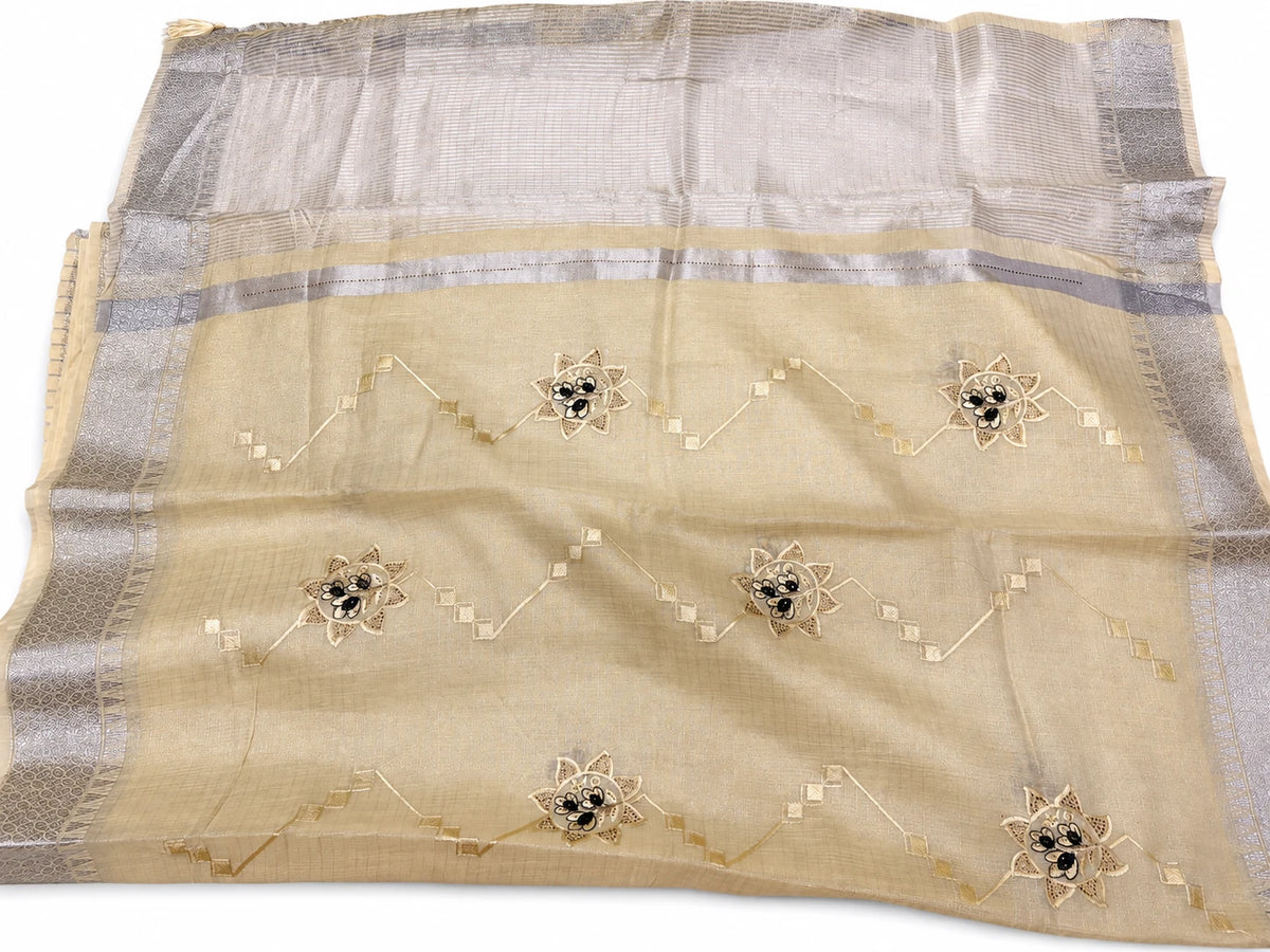 Hemalatha — Champagne Floral Sprig Saree, retouched garment view 2 on a clean background
