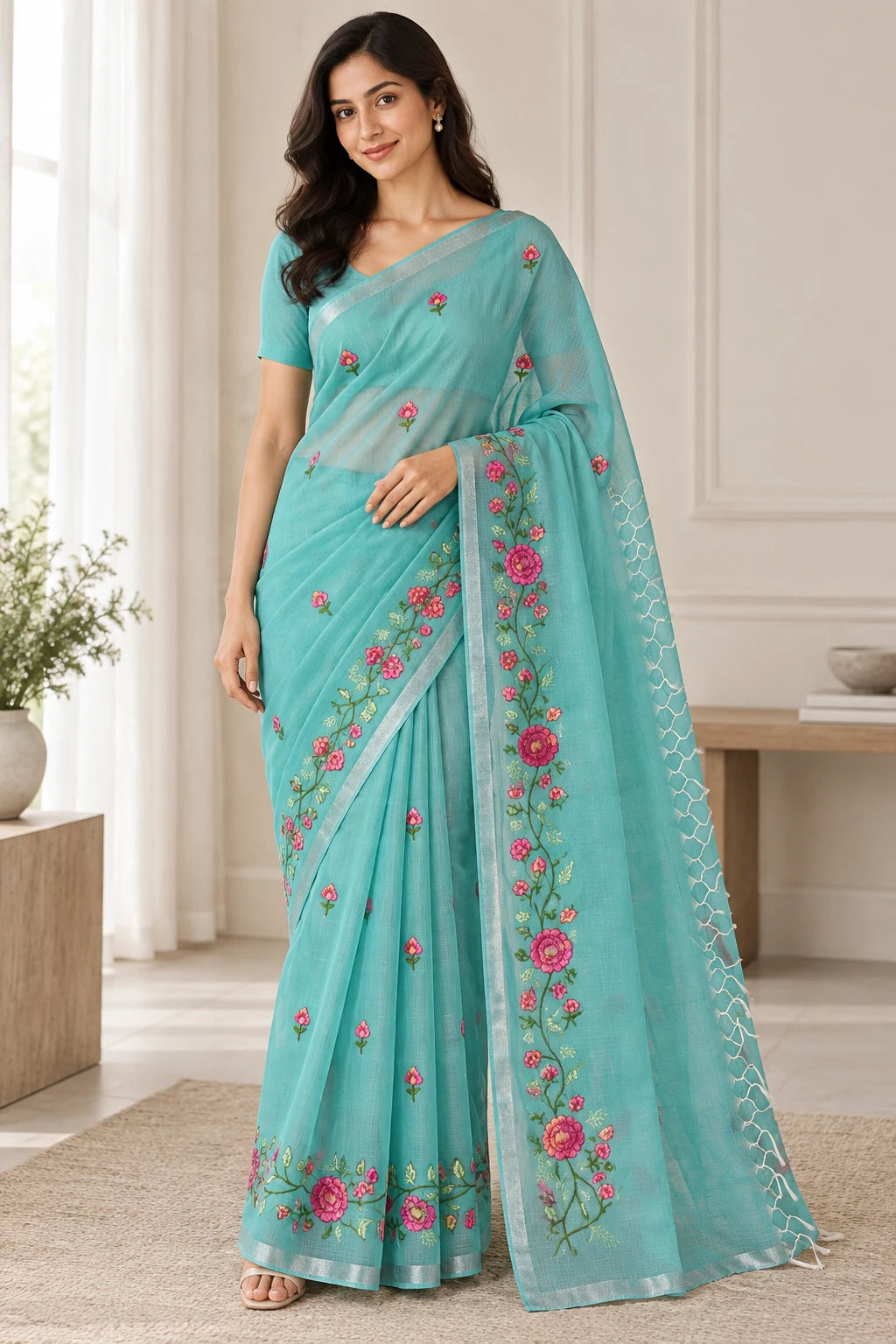 Kalpana — Aqua Rose Vine Saree, model-worn styling photograph