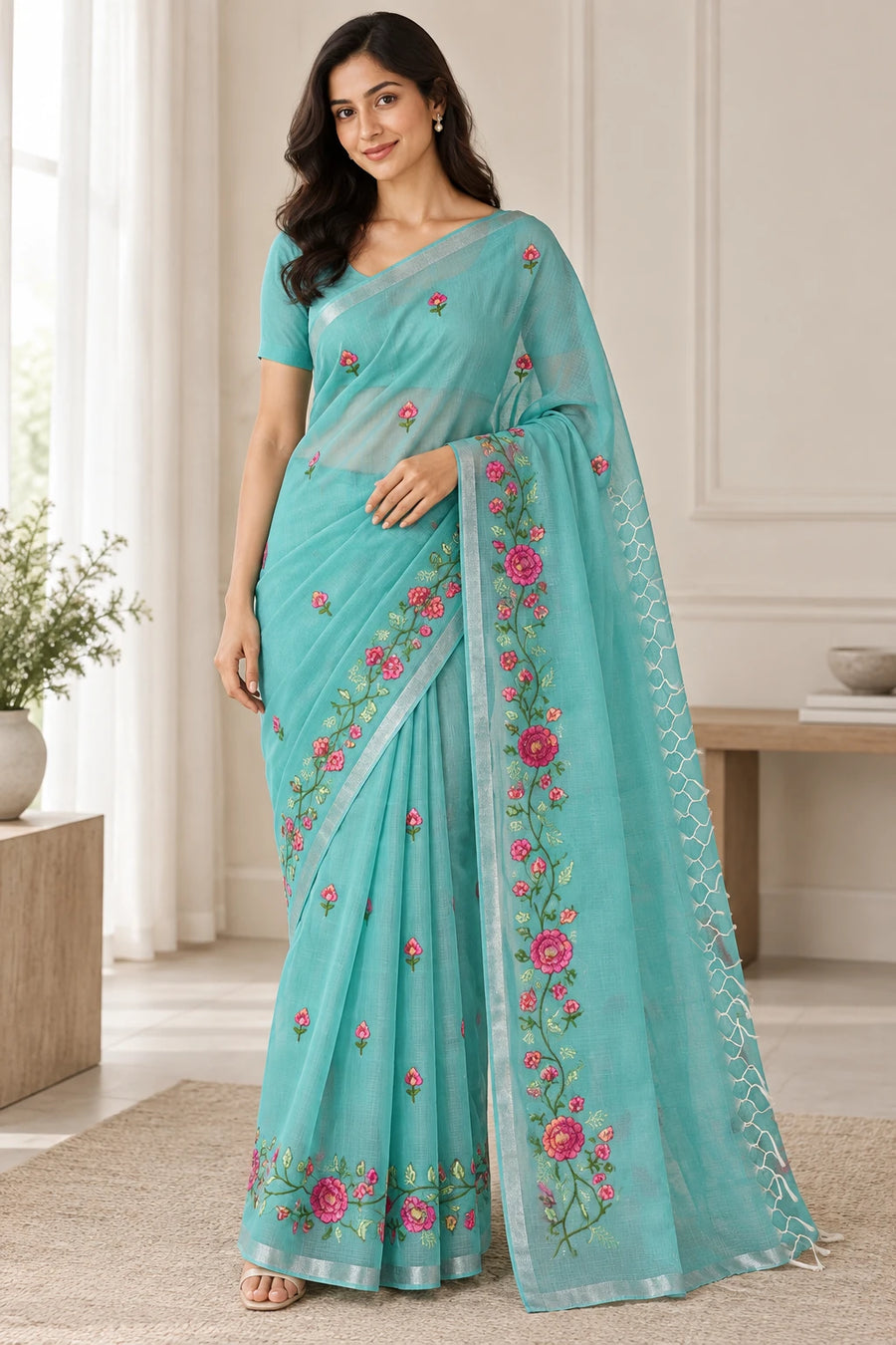 Kalpana — Aqua Rose Vine Saree