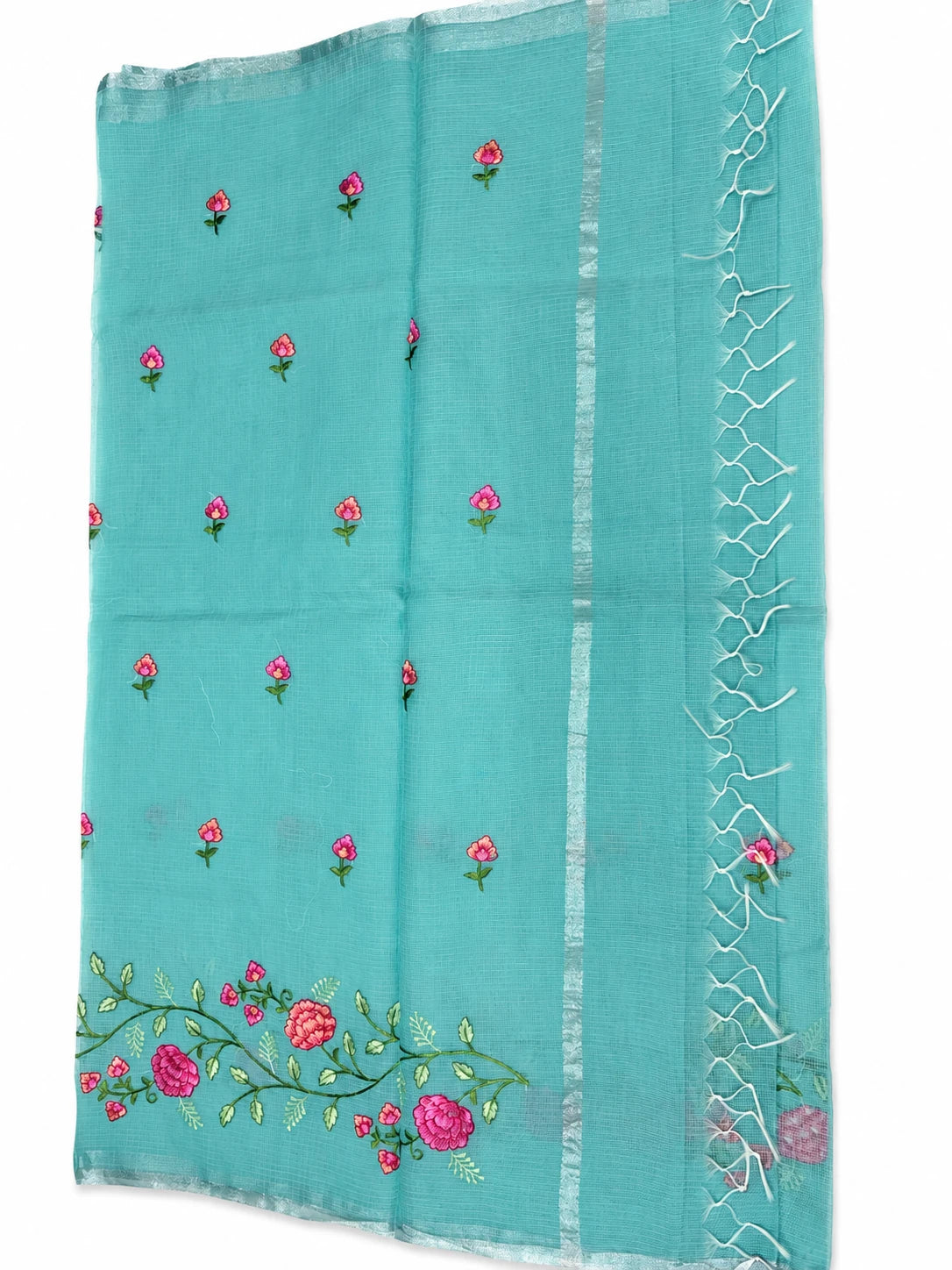 Kalpana — Aqua Rose Vine Saree, retouched garment view 1 on a clean background