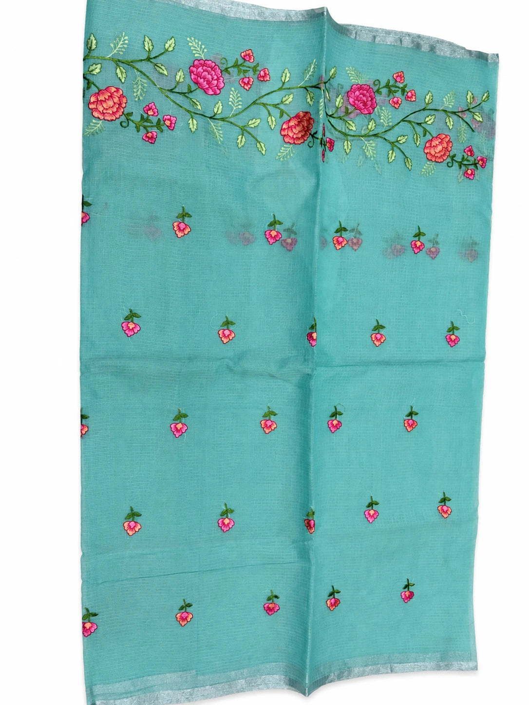 Kalpana — Aqua Rose Vine Saree, retouched garment view 2 on a clean background