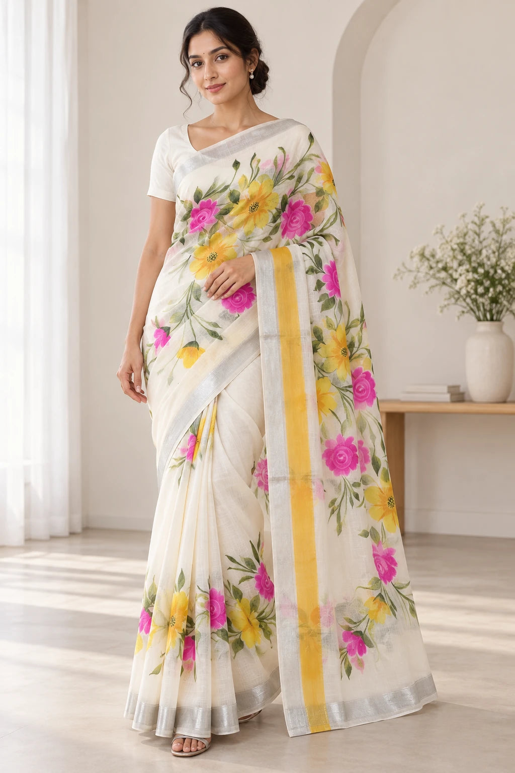 Karishma — Ivory Yellow Rose Garden Saree, model-worn styling photograph