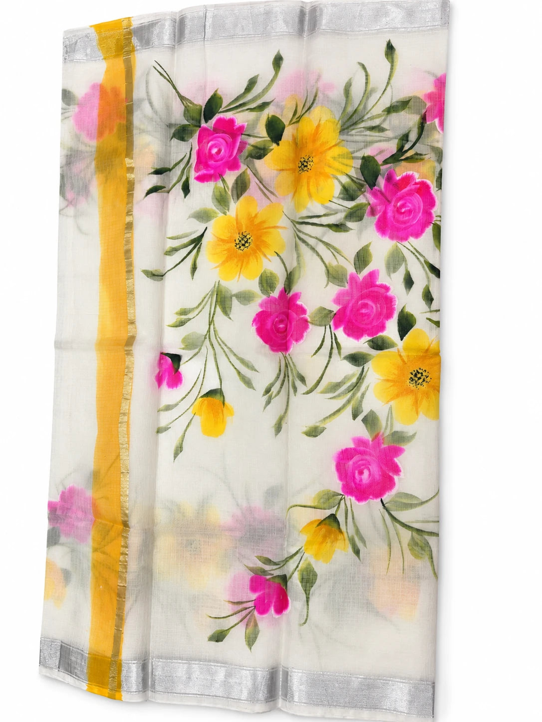 Karishma — Ivory Yellow Rose Garden Saree, retouched garment view 1 on a clean background