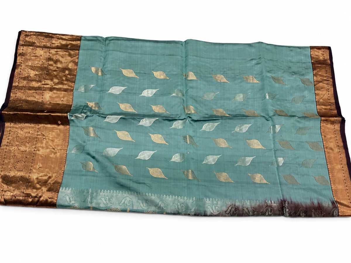 Lakshmi — Sage Copper Leaf Saree, retouched garment view 1 on a clean background