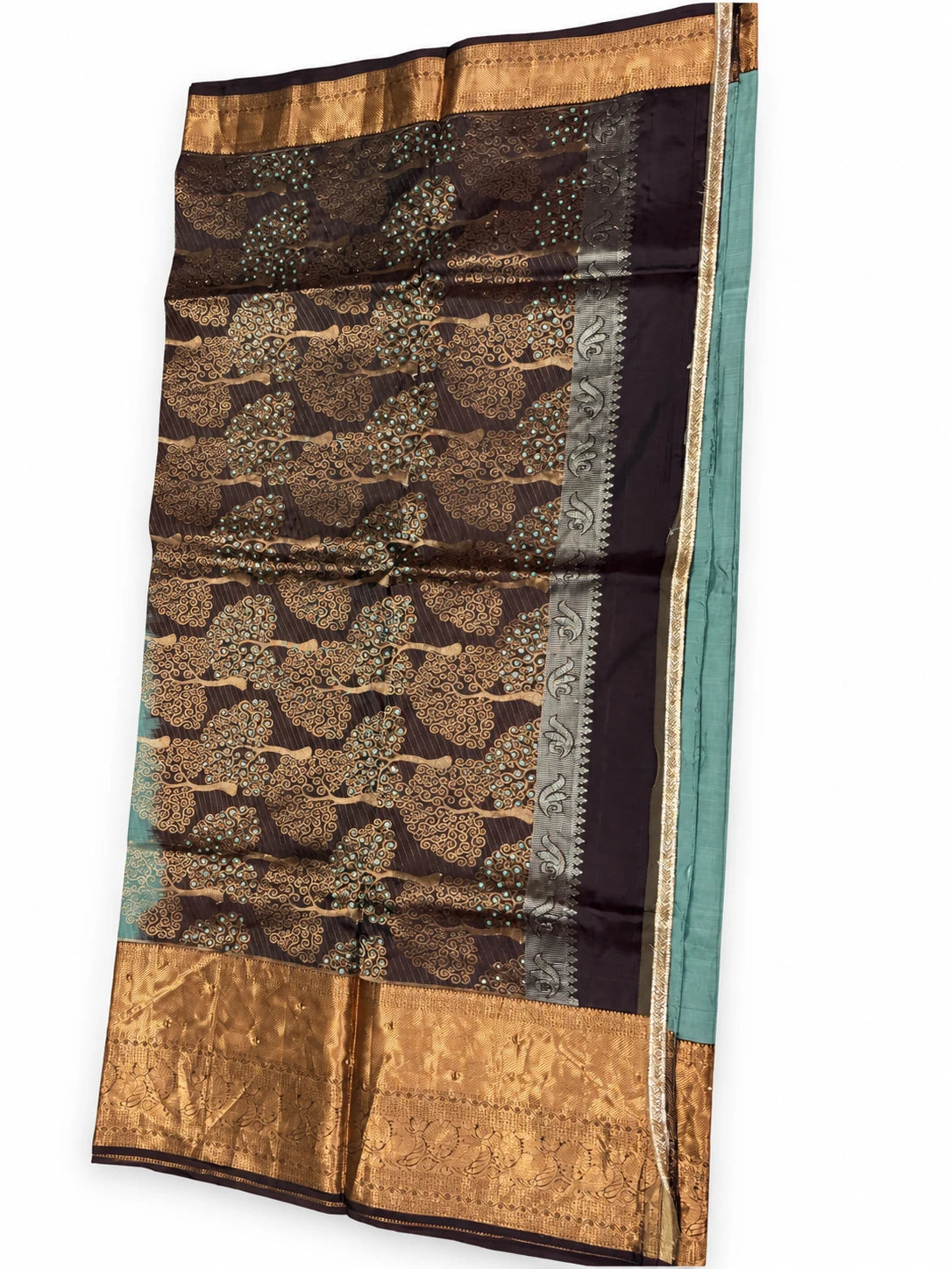 Lakshmi — Sage Copper Leaf Saree, retouched garment view 2 on a clean background