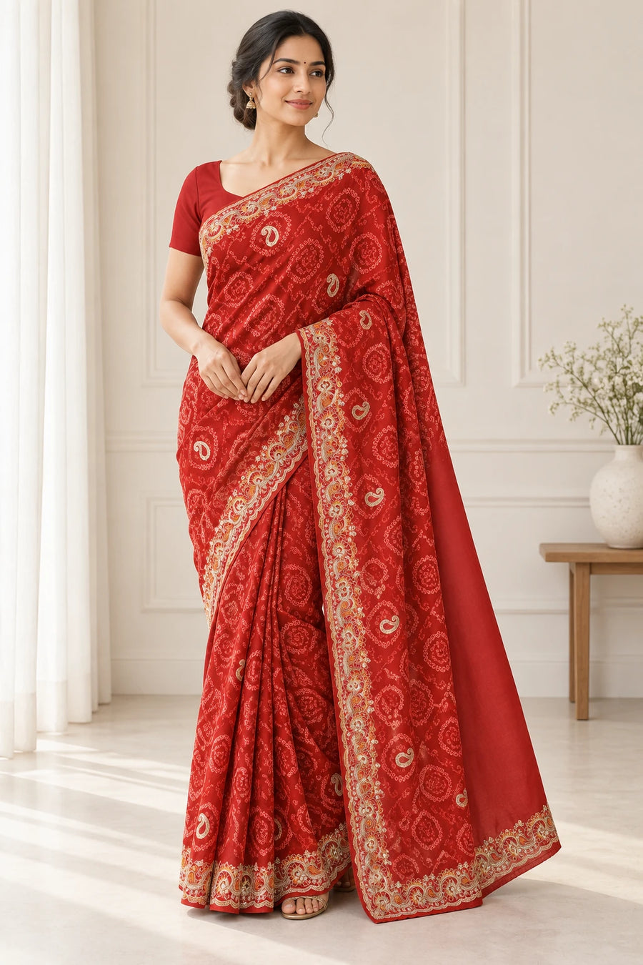 Madhumita — Crimson Ornamental Vine Saree