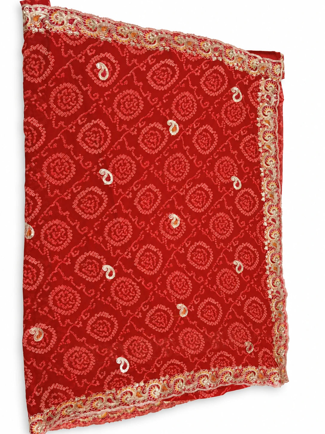 Madhumita — Crimson Ornamental Vine Saree, retouched garment view 1 on a clean background