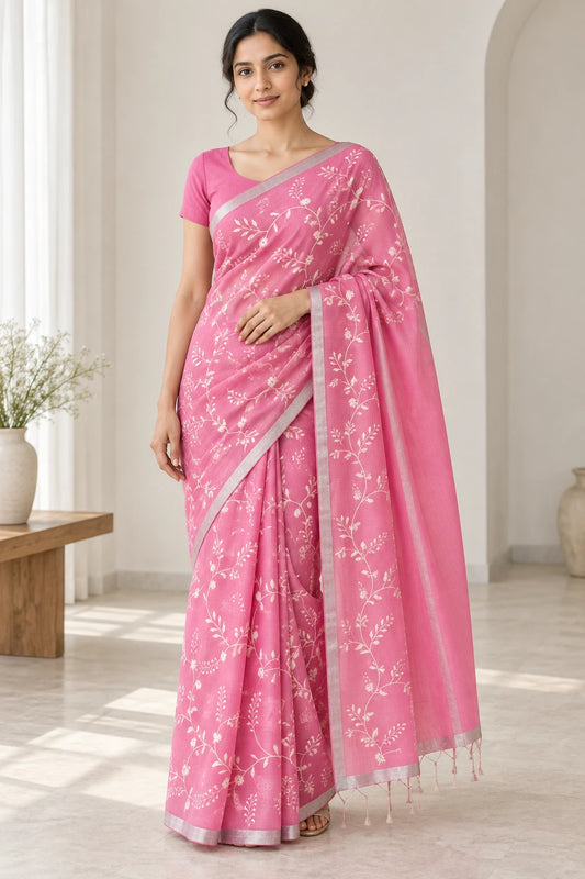 Malathi — Pink Ivory Vine Saree, model-worn styling photograph