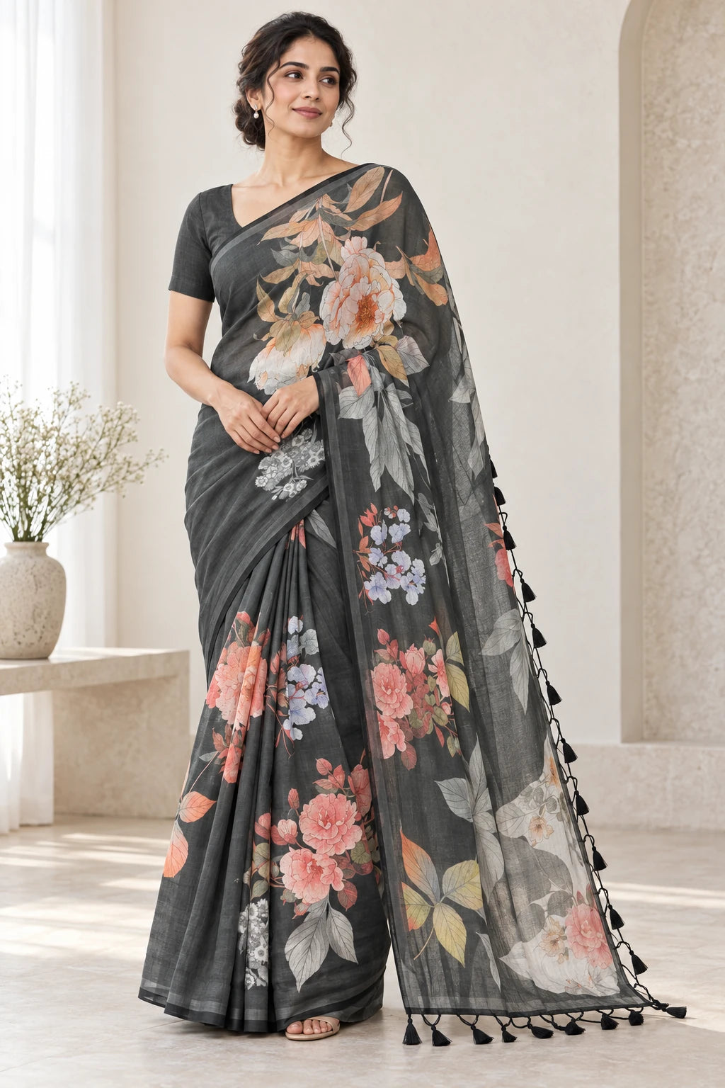 Manisha — Charcoal Floral Saree, model-worn styling photograph