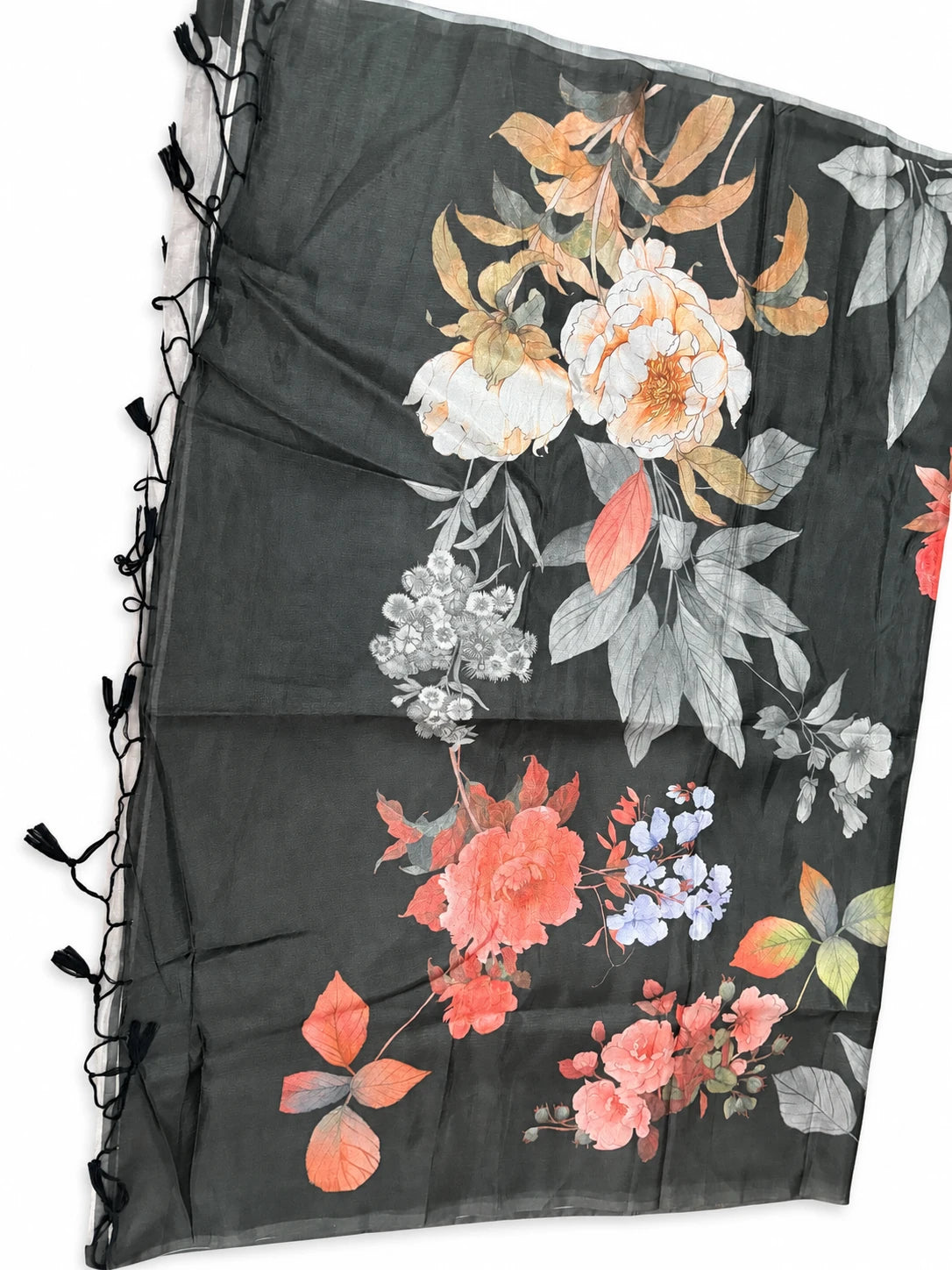Manisha — Charcoal Floral Saree, retouched garment view 1 on a clean background