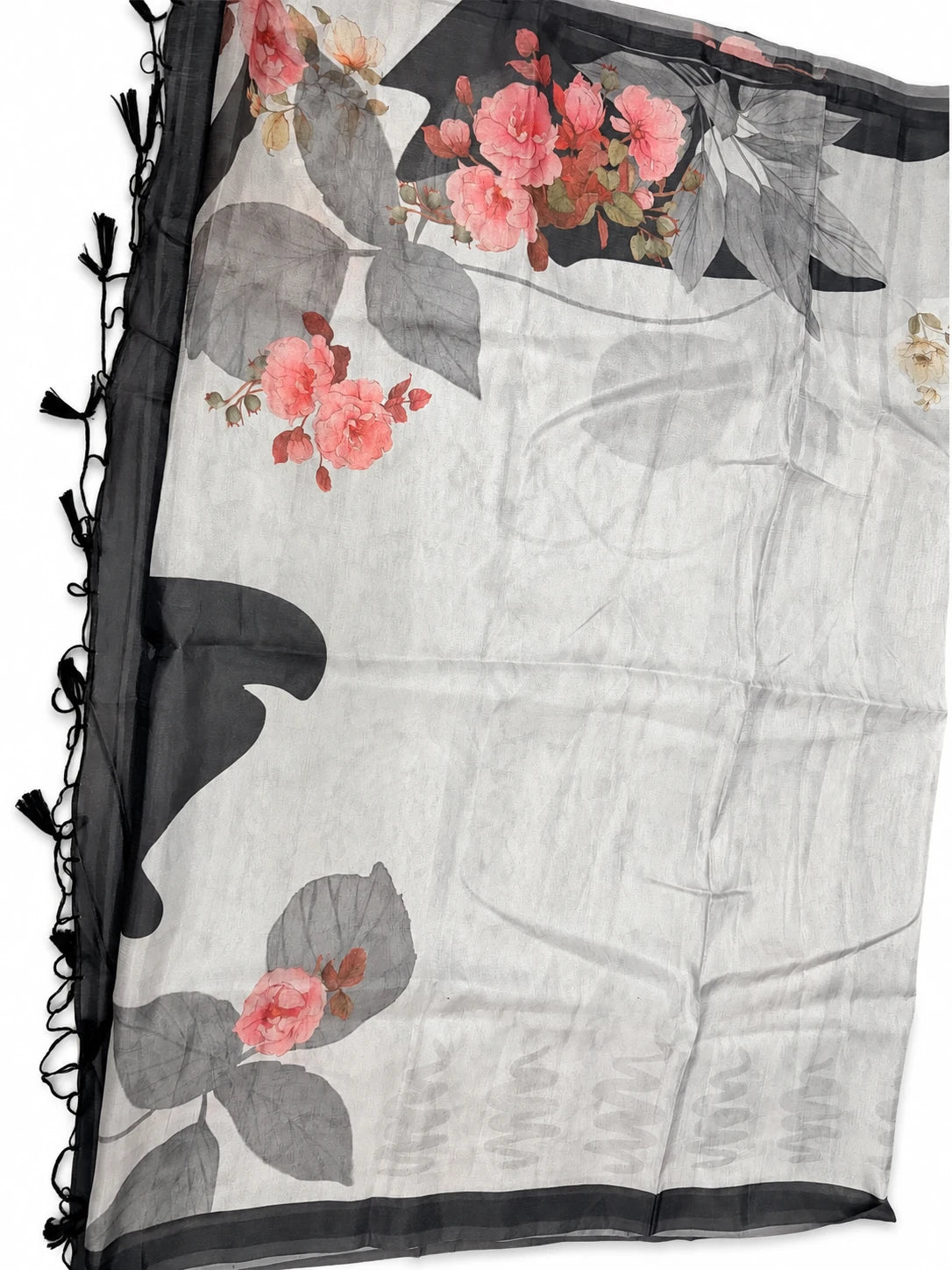 Manisha — Charcoal Floral Saree, retouched garment view 2 on a clean background