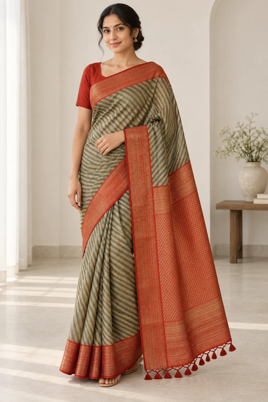 Meenakshi — Olive Rust Stripe Saree, model-worn styling photograph