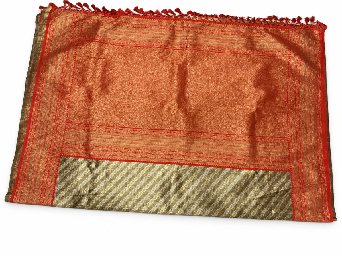 Meenakshi — Olive Rust Stripe Saree, retouched garment view 2 on a clean background