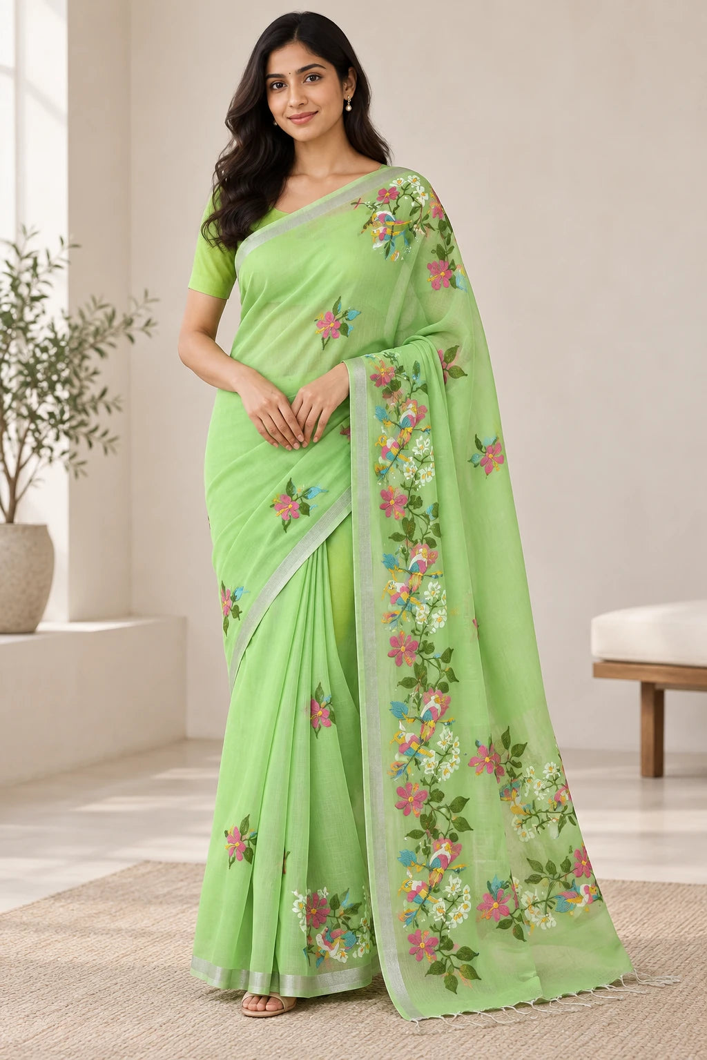 Poornima — Lime Bird Garden Saree, model-worn styling photograph