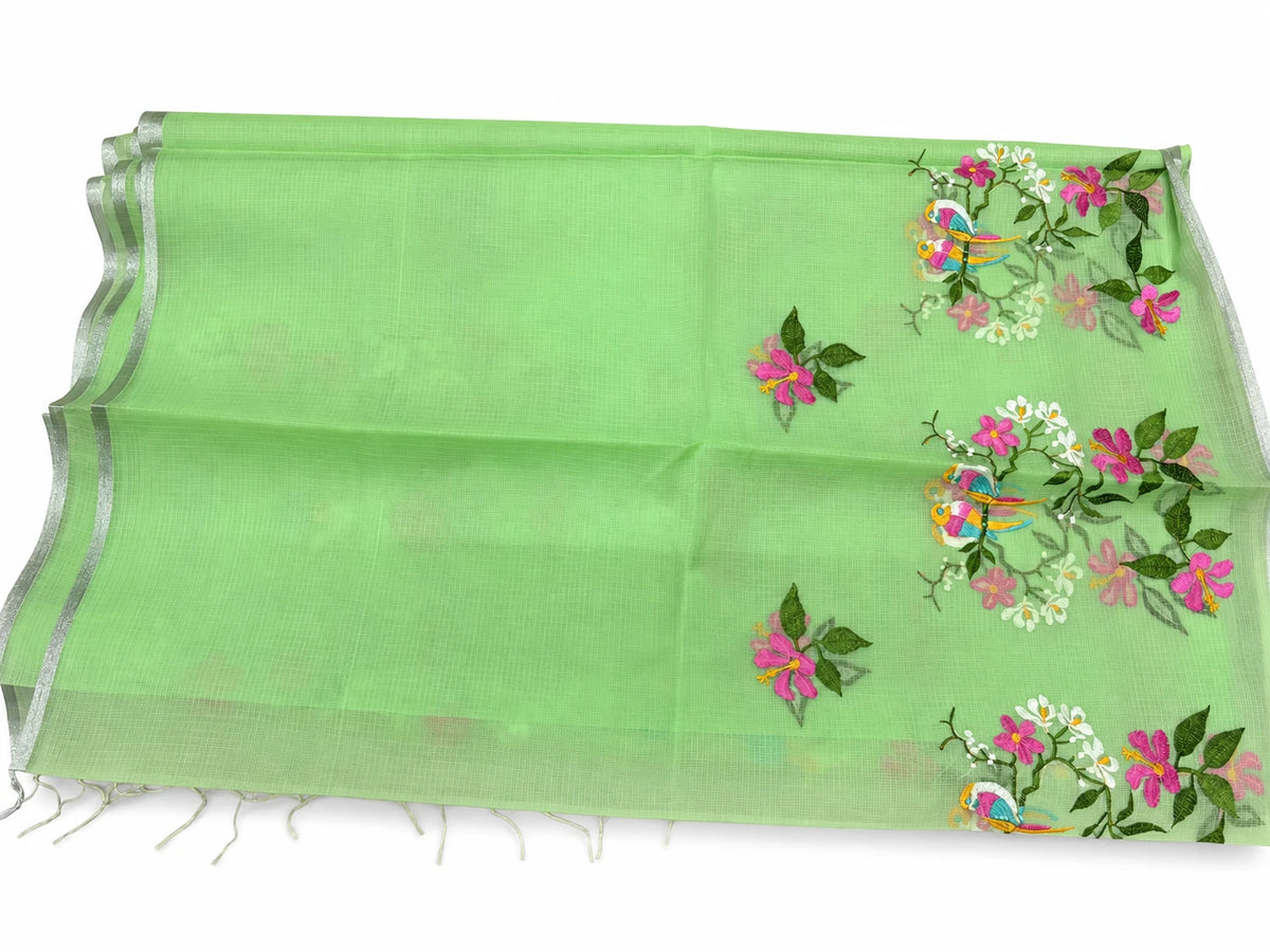 Poornima — Lime Bird Garden Saree, retouched garment view 1 on a clean background