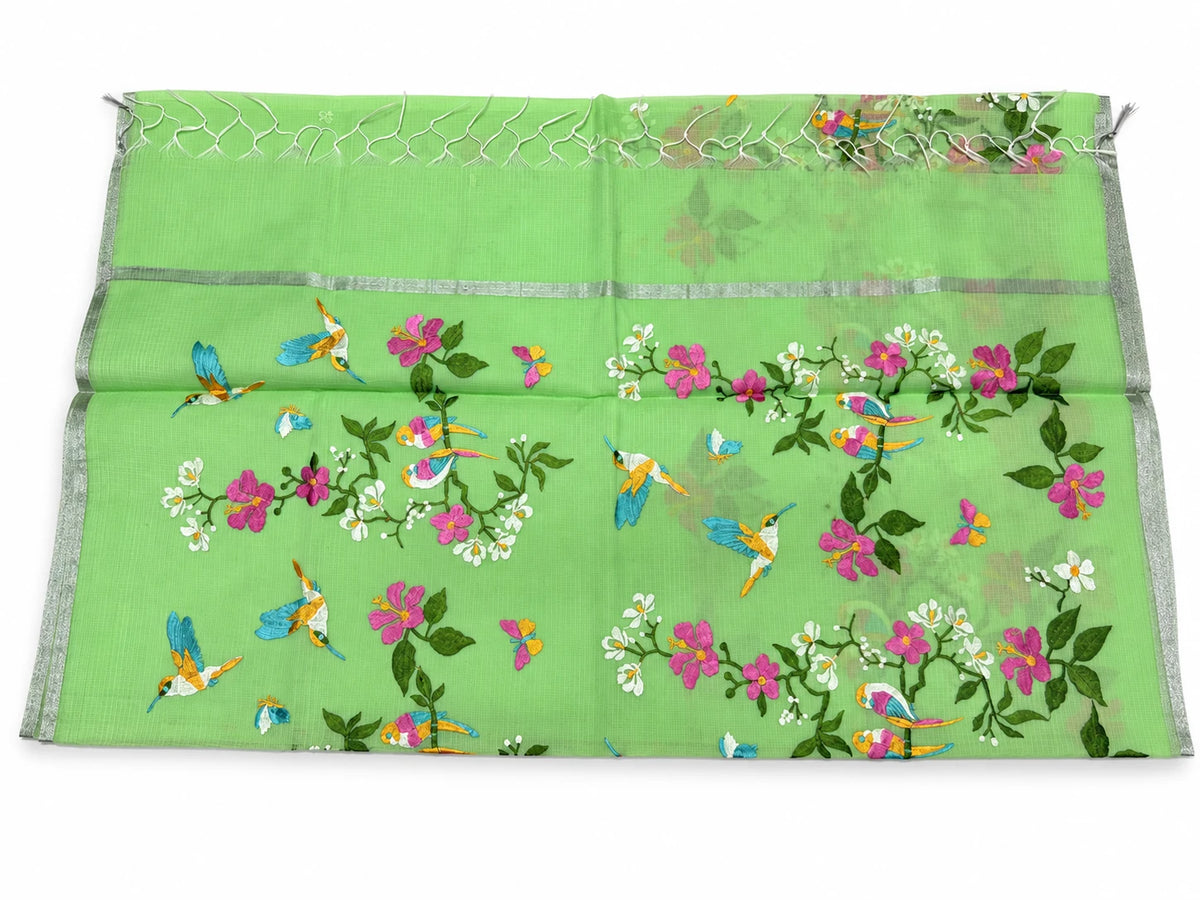 Poornima — Lime Bird Garden Saree, retouched garment view 2 on a clean background