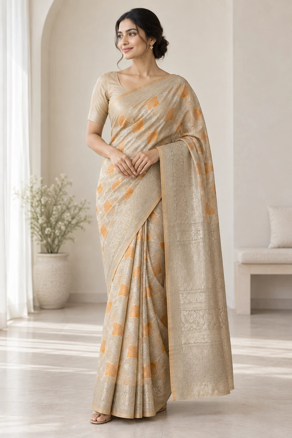Priyanka — Champagne Gold Leaf Saree, model-worn styling photograph