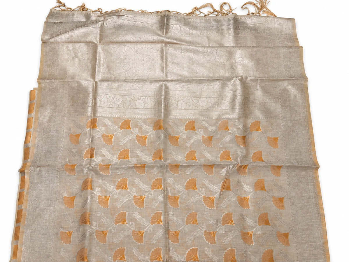 Priyanka — Champagne Gold Leaf Saree, retouched garment view 2 on a clean background