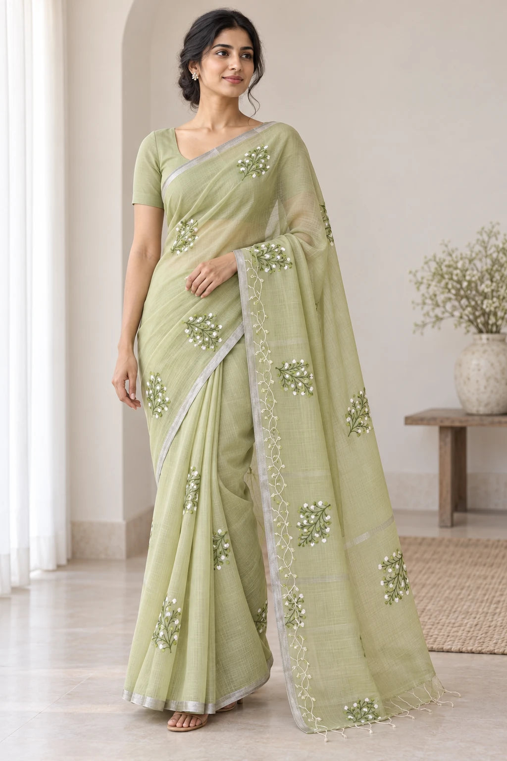 Rachana — Pale Olive Floral Sprig Saree, model-worn styling photograph