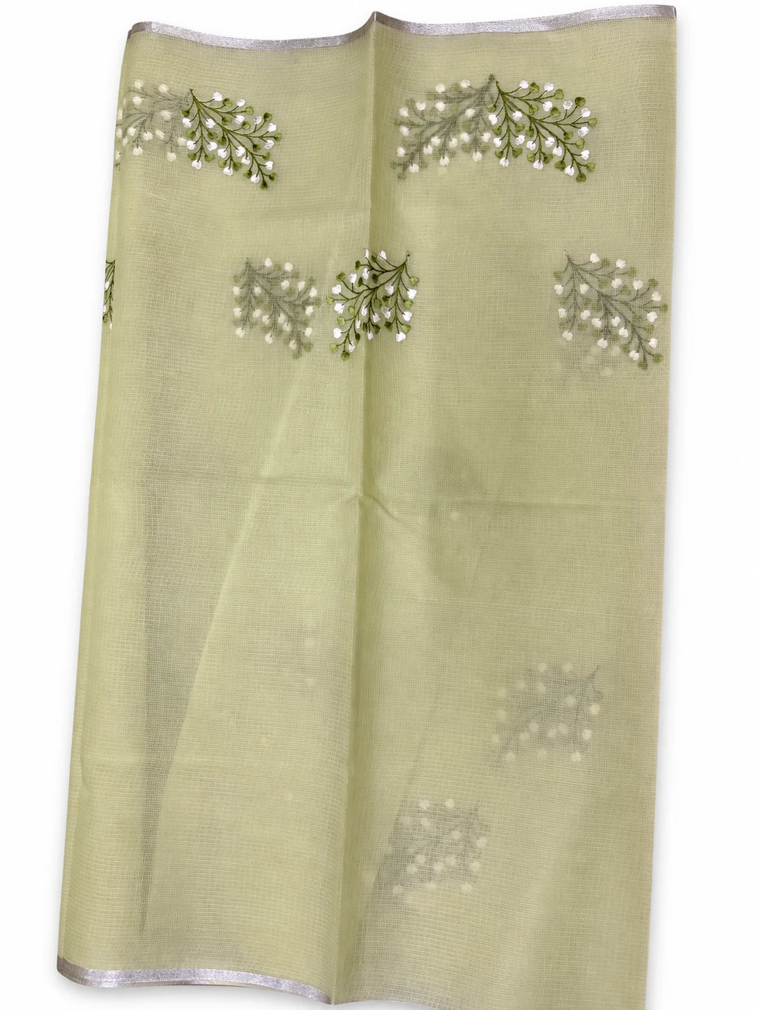 Rachana — Pale Olive Floral Sprig Saree, retouched garment view 2 on a clean background