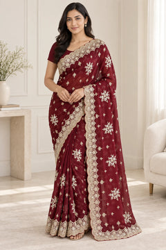 Ramya — Wine Ornate Floral Saree, model-worn styling photograph
