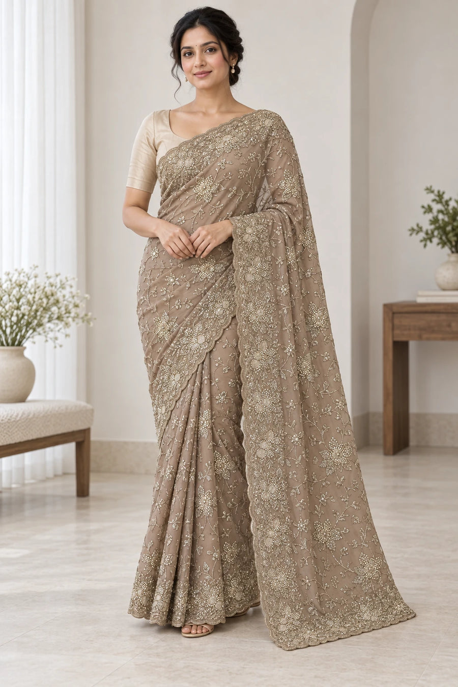Rashmi — Taupe Floral Scallop Saree