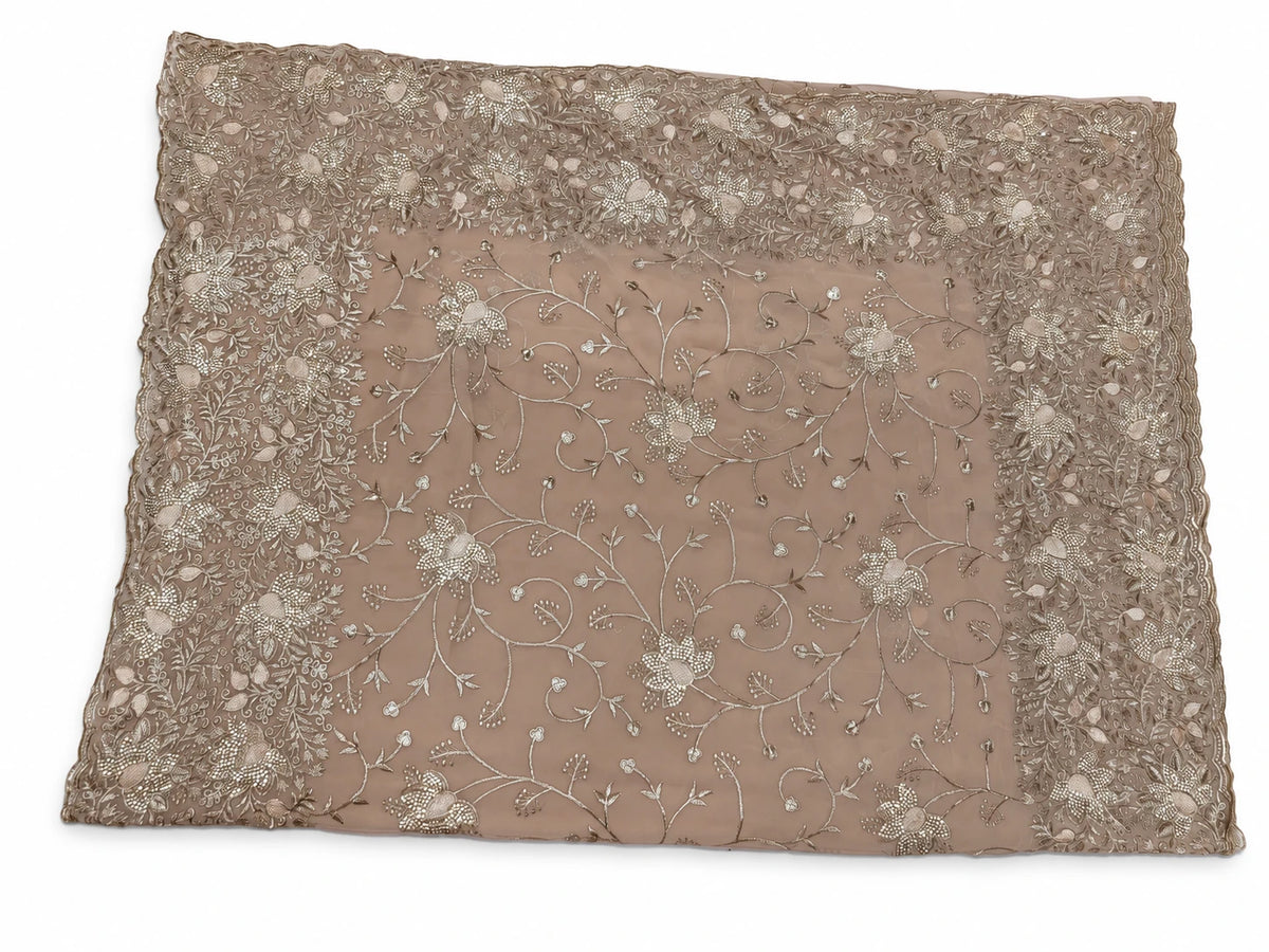 Rashmi — Taupe Floral Scallop Saree, retouched garment view 1 on a clean background