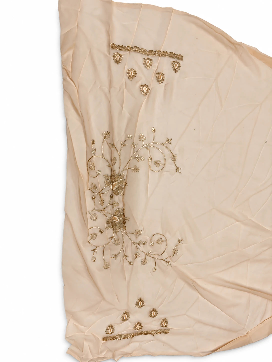 Rashmi — Taupe Floral Scallop Saree, retouched garment view 2 on a clean background