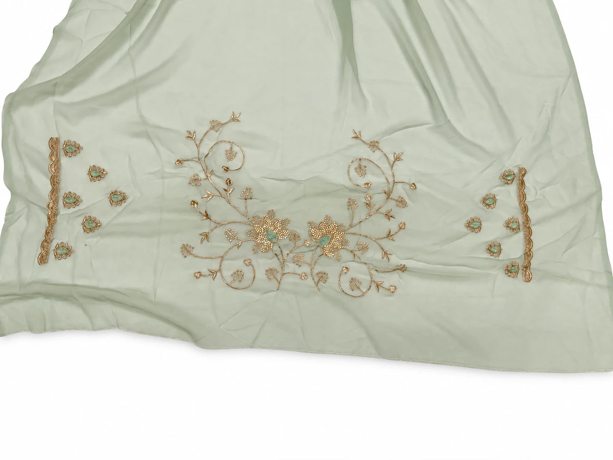 Shreelatha — Sage Floral Scallop Saree, retouched garment view 2 on a clean background