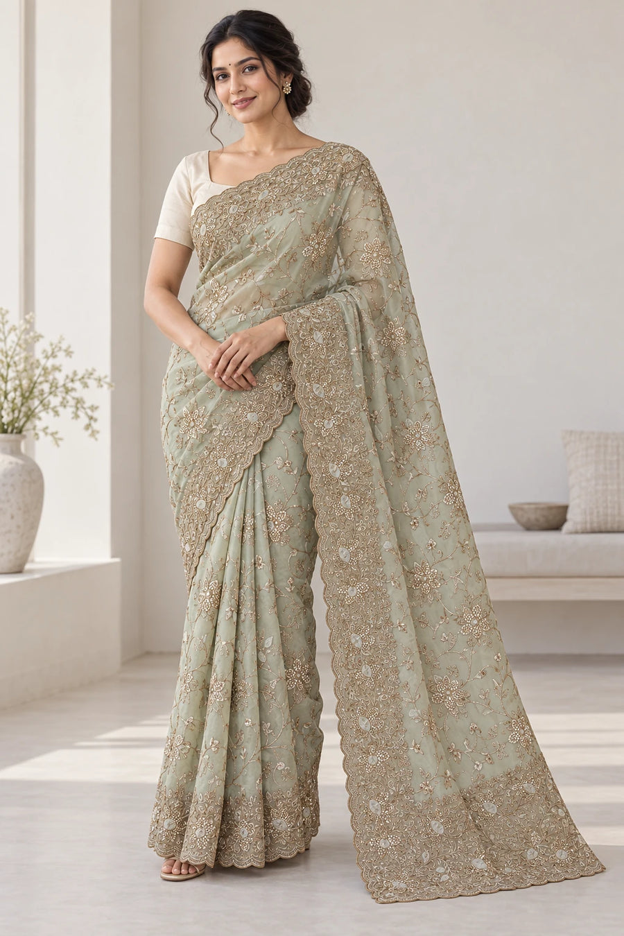 Sowmya — Mint Ivory Floral Scallop Saree