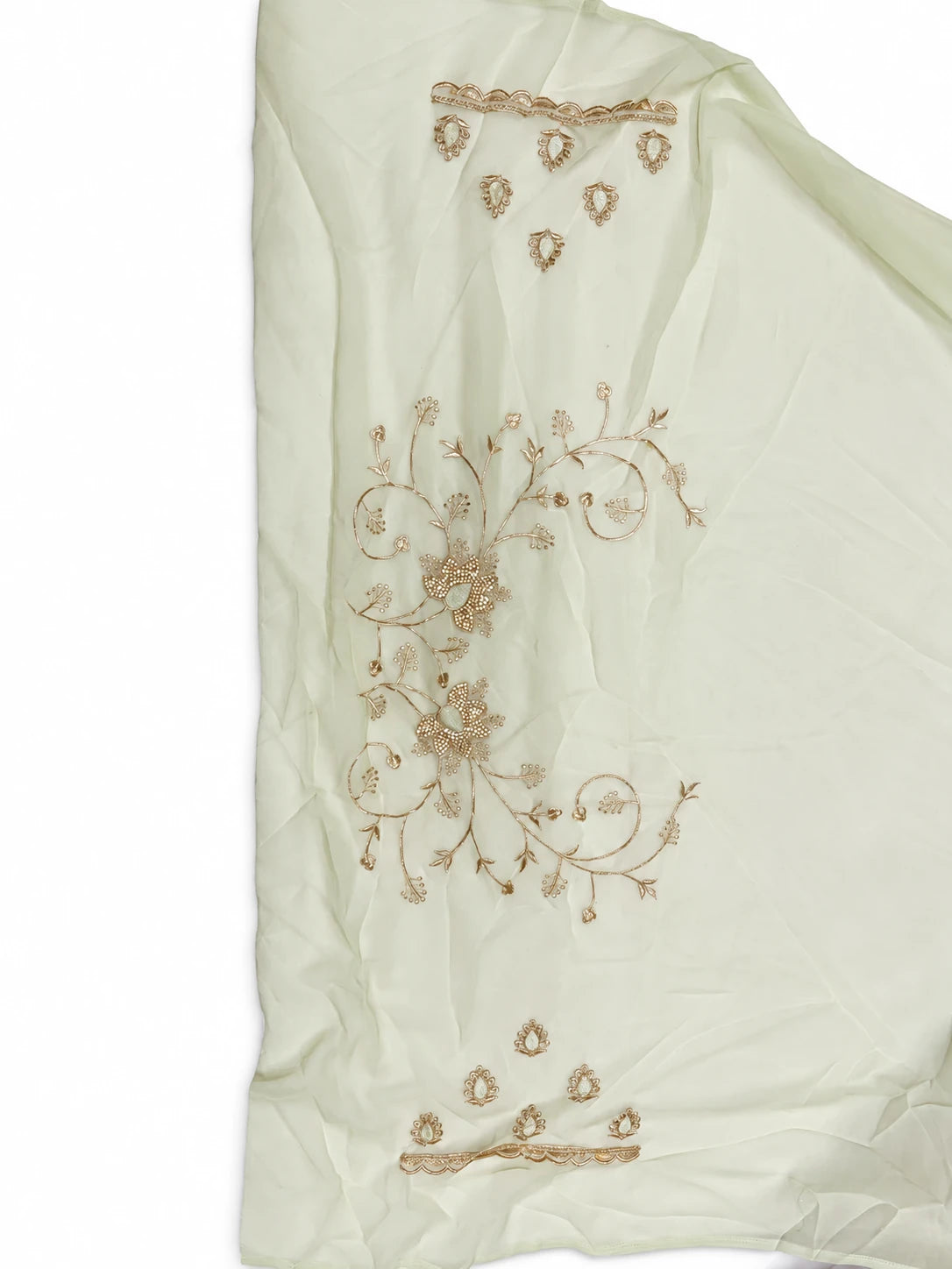 Sowmya — Mint Ivory Floral Scallop Saree, retouched garment view 2 on a clean background