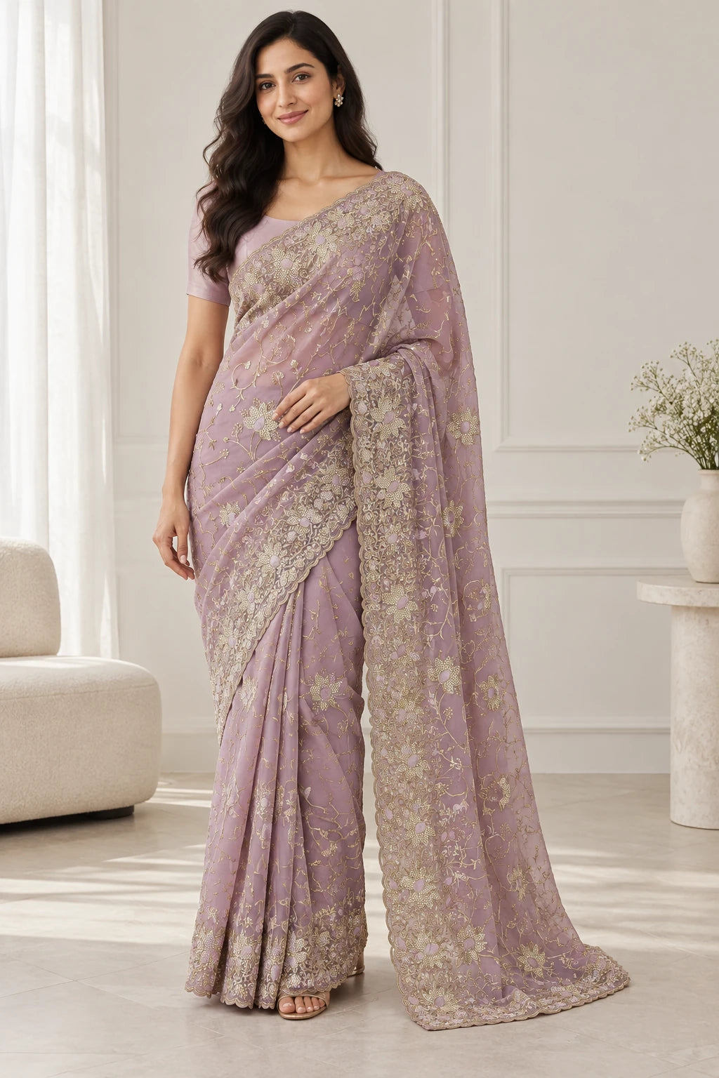 Suchitra — Lilac Floral Scallop Saree, model-worn styling photograph