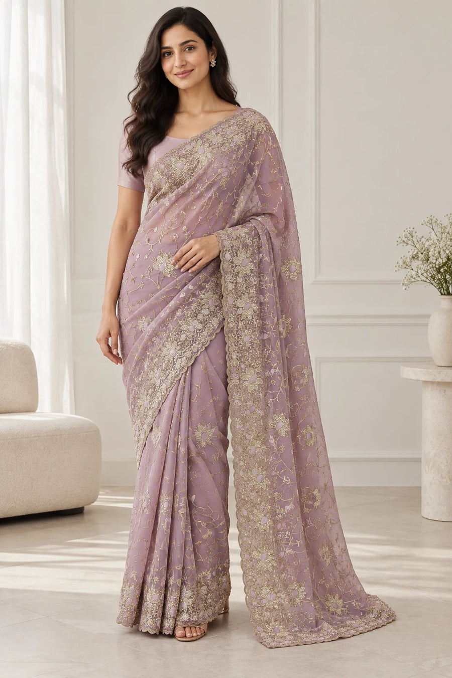 Suchitra — Lilac Floral Scallop Saree