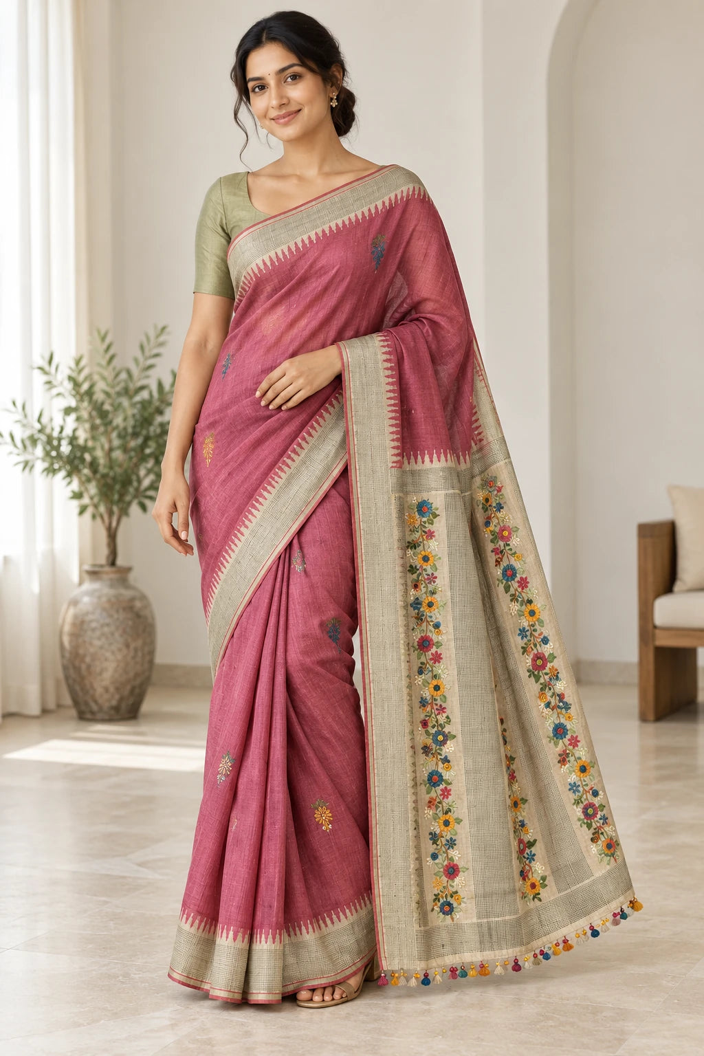 Bhavana — Rose Floral Sprig Saree, model-worn styling photograph