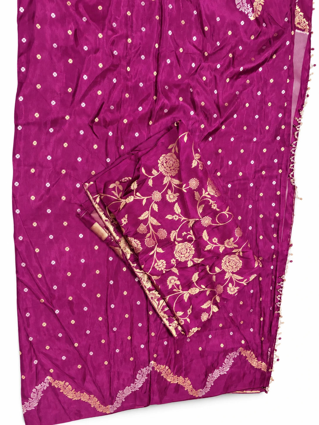 Daksha — Magenta Gold Wave Saree, retouched garment view 3 on a clean background