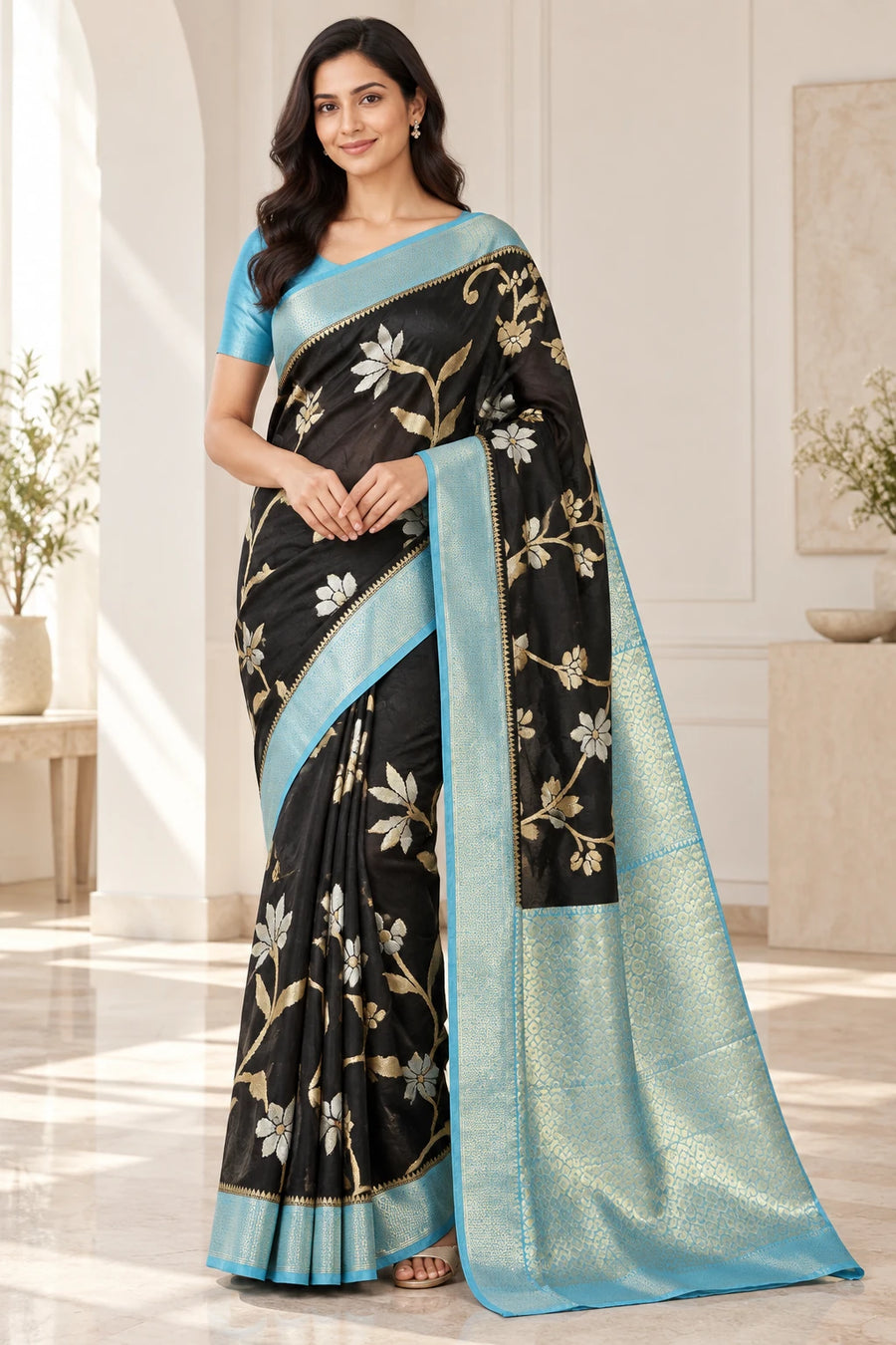 Damayanti — Black Aqua Floral Vine Saree