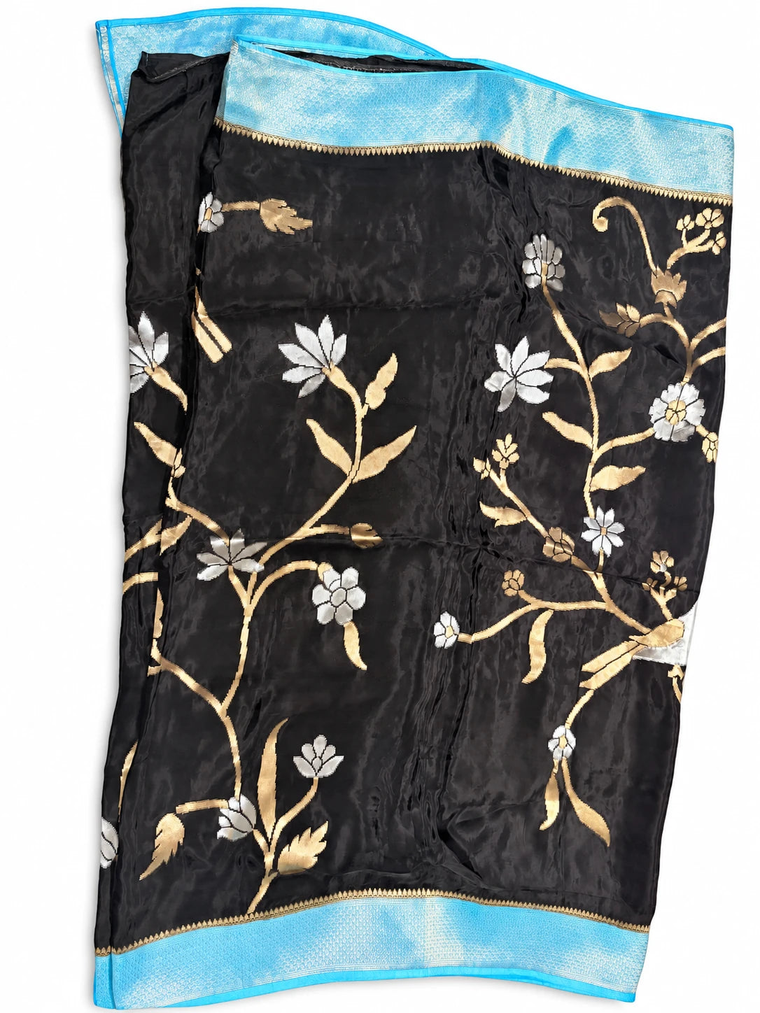 Damayanti — Black Aqua Floral Vine Saree, retouched garment view 1 on a clean background