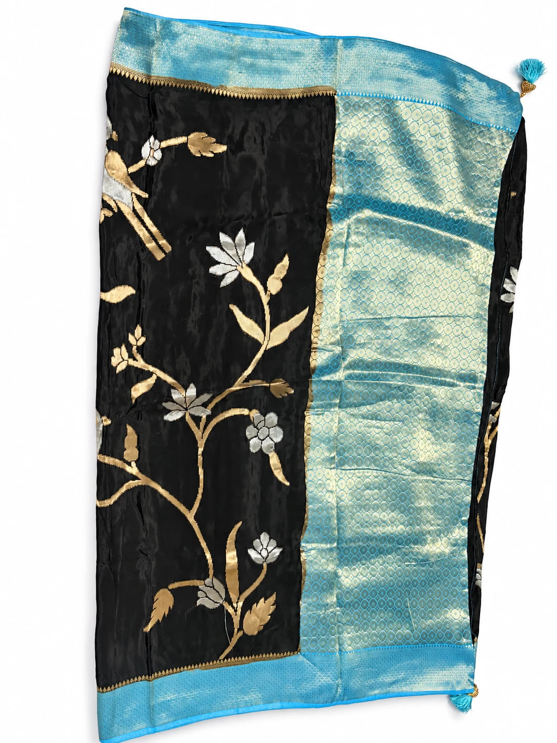 Damayanti — Black Aqua Floral Vine Saree, retouched garment view 2 on a clean background
