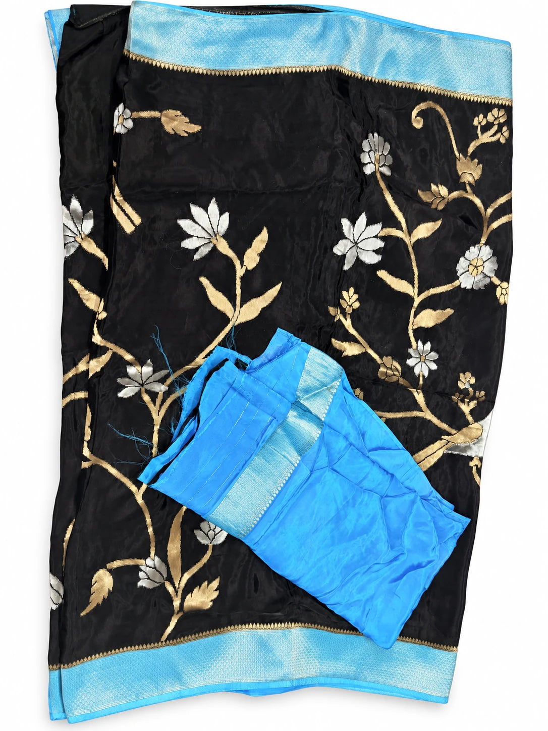 Damayanti — Black Aqua Floral Vine Saree, retouched garment view 3 on a clean background